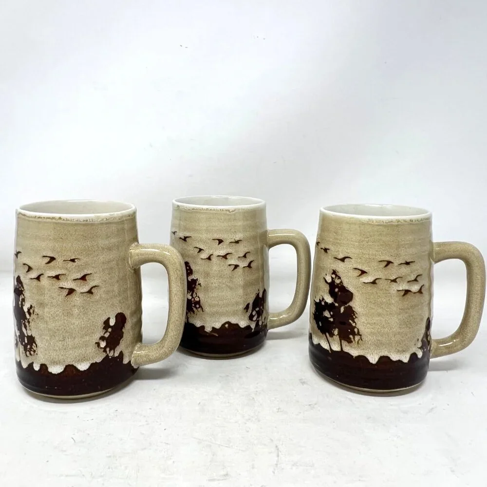 Stoneware Coffee Tea Mugs Trees Ducks Geese‎ Brown 5